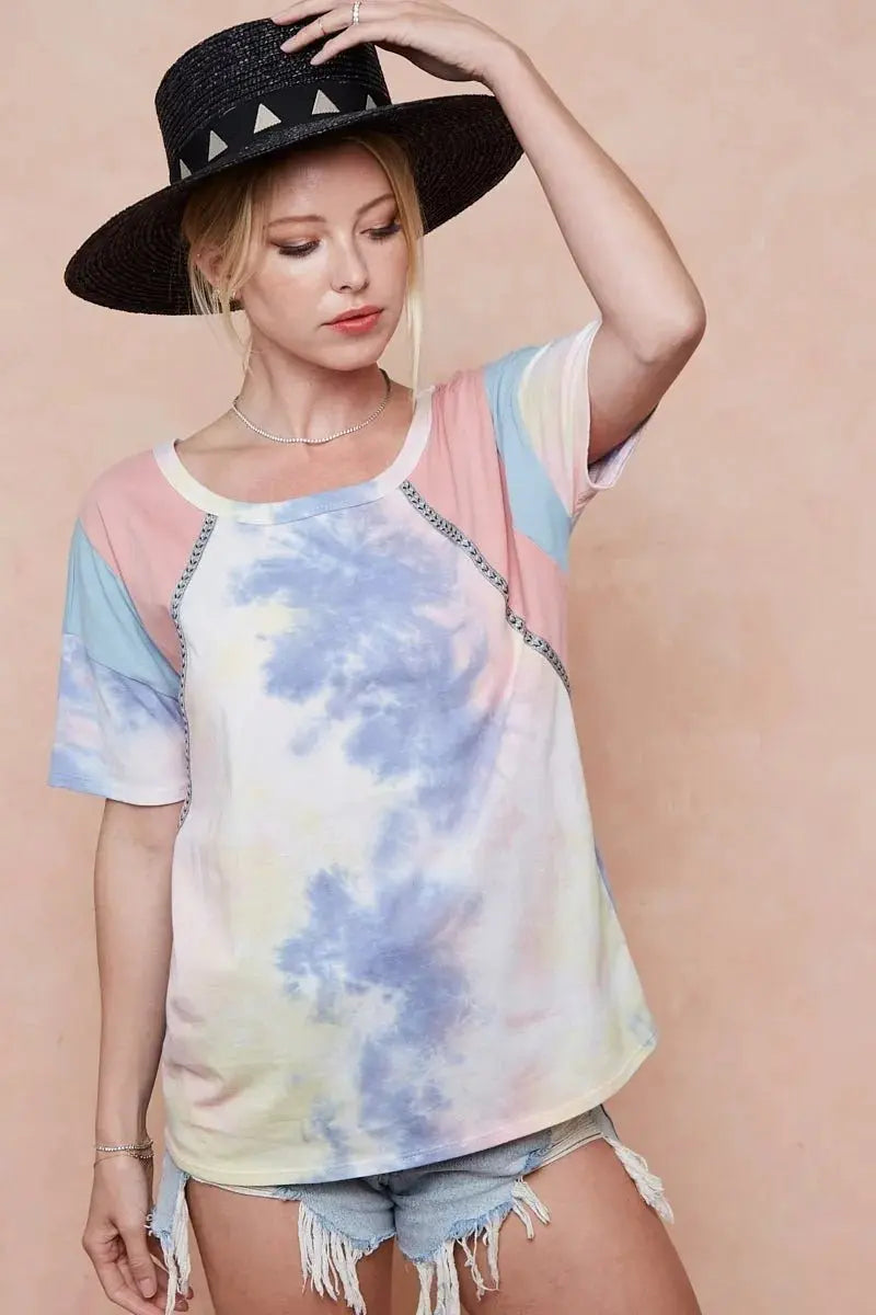 BiBi Tie Dye Printed Cotton Color Block T-Shirt for Women - Love Salve
